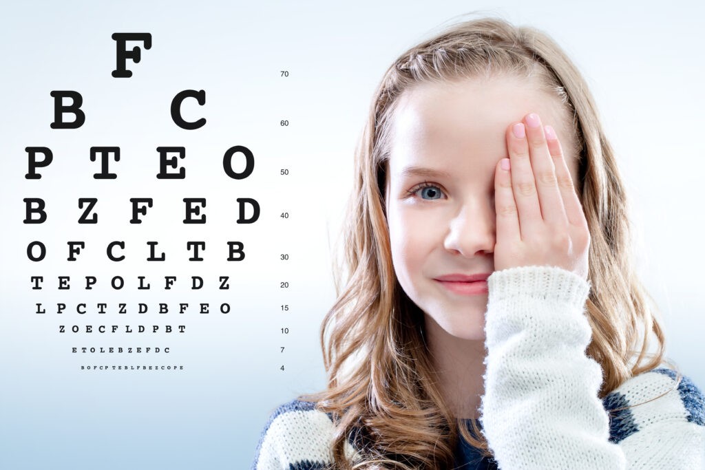 Close up portrait of Girl reviewing eye sight closing eye with hand.Test chart in background. Jak znaleźć dobrego okulistę dziecięcego 
